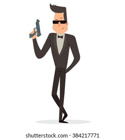 Vector cartoon image of a funny super agent with black hair in a black tuxedo, white shirt and black bow tie, in sunglasses with a gray gun in hand standing on a white background. Vector illustration.