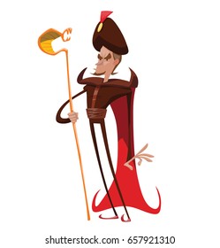 Vector cartoon image of a funny thin evil king with brown hair in a red cloak with a brown turban on his head and with a gold staff, in the form of a snake, in his hand, standing on a white background