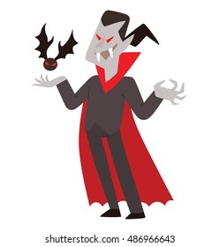 Vector cartoon image of funny vampire in a black suit and a red cloak with a black bat over his hand standing and smiling on a white background. Halloween. Vector illustration.