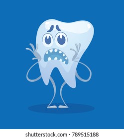 Vector cartoon image of a funny white tooth standing and something afraid on a blue background. Dentistry, health, teeth. Vector illustration.