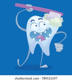 Vector cartoon image of a funny white tooth standing, cleaning itself with a toothbrush and smiling on a blue background. Dentistry, health, teeth. Vector illustration.