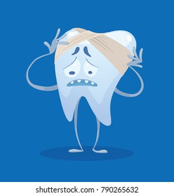 Vector cartoon image of a funny white tooth standing, bandaged with a bandage, and suffering on a blue background. Dentistry, health, teeth. Vector illustration.