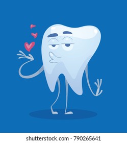 Vector cartoon image of a funny white tooth standing and blowing kisses on a blue background. Dentistry, health, teeth. Vector illustration.