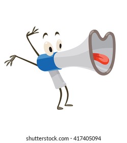 Vector cartoon image of a funny white-blue megaphone with eyes, black arms, legs and red tongue, standing and smiling on a white background. Vector illustration.