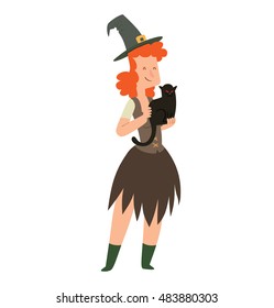 Vector cartoon image of funny witch with red hair in a brown dress and black pointed hat standing with a black cat in her arms and smiling on a white background. Halloween. Vector illustration.
