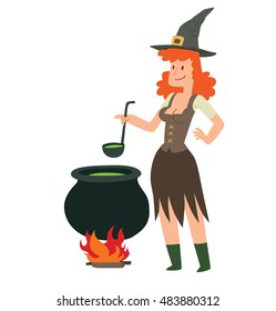 Vector cartoon image of funny witch with red hair in a brown dress and black pointed hat, standing next to a big black cauldron with a potion on a white background. Halloween. Vector illustration.