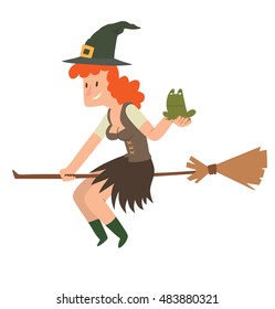 Vector cartoon image of funny witch with red hair in a brown dress and black pointed hat, flying on a brown broomstick with a green frog in hand on a white background. Halloween. Vector illustration.