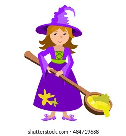 Vector cartoon image of funny witch with red hair purple dress and pointed hat spoon potion on white background. Halloween. illustration.