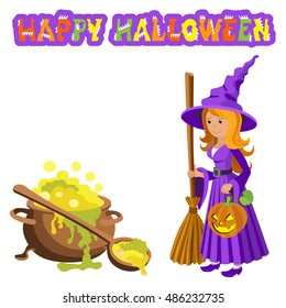 Vector cartoon image of funny witch with big cauldron potion on a white background. Halloween. Vector illustration.