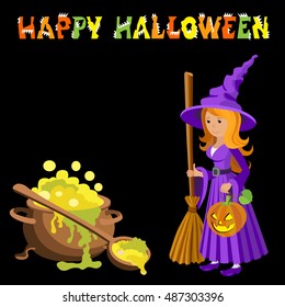 Vector cartoon image of funny witch with red hair purple dress and pointed hat, standing next to a big cauldron potion on black background. Halloween. illustration.