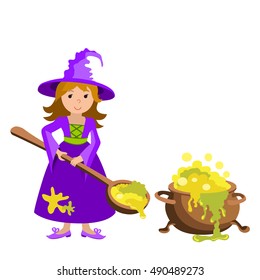 Vector cartoon image of funny witch with big cauldron potion on a white background. Halloween. Vector illustration.