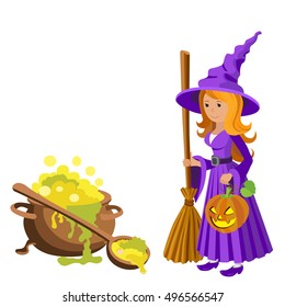 Vector cartoon image of funny witch with big cauldron potion on a white background. Halloween. Vector illustration.