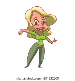 Vector cartoon image of a funny woman with wavy blond hair in gray pants and a green t-shirt, standing, presenting something and smiling on a white background. Business, businessman, sale, shop.