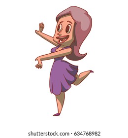 Vector cartoon image of a funny woman with wavy purple hair in a lilac dress, standing, presenting something and smiling on a white background. Business, businessman, sale, shop.
