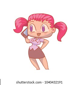 Vector cartoon image of a funny woman-office worker with pink hair in black skirt and white blouse standing with a black smartphone in her hand on a white background. Business, businesswoman, finance.