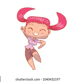 Vector cartoon image of a funny woman-office worker with pink hair in black skirt and white blouse dancing and smiling on a white background. Business, businesswoman, finance.