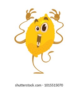 Vector cartoon image of a funny yellow lemon standing with a happy expression on its face on a white background. Emotions, emoji, character. Vector illustration.