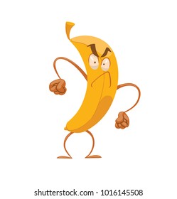 Vector cartoon image of a funny yellow banana standing with an aggressive expression on its face on a white background. Emotions, emoji, character. Vector illustration.