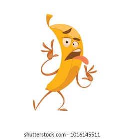 Vector cartoon image of a funny yellow banana standing with an expression of disgust on its face on a white background. Emotions, emoji, character. Vector illustration.