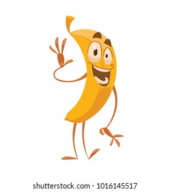 Vector cartoon image of a funny yellow banana standing, waving its hand and smiling on a white background. Emotions, emoji, character. Vector illustration.
