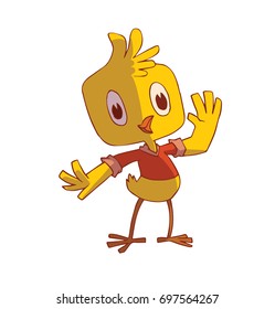 Vector cartoon image of a funny yellow male chicken in a red shirt, standing, waving his wing and smiling on a white background. Animal, forest, positive character. Vector illustration.