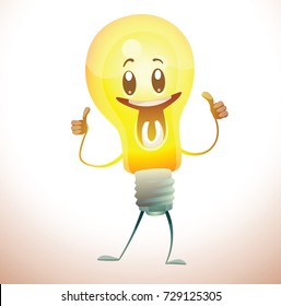 Vector cartoon image of a funny yellow light bulb with face standing, showing thumbs up and smiling on a white background. Idea, light, business. Positive character. Vector illustration.