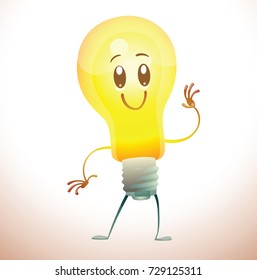 Vector cartoon image of a funny yellow light bulb with face standing, waving hand and smiling on a white background. Idea, light, business. Positive character. Vector illustration.