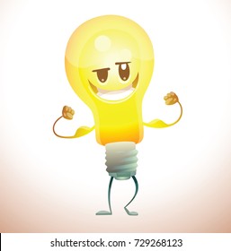 Vector cartoon image of a funny yellow light bulb with face standing, showing muscles and smiling on a white background. Idea, light, business. Positive character. Vector illustration.