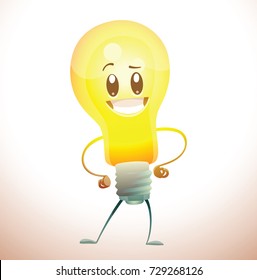 Vector cartoon image of a funny yellow light bulb with face standing and smiling on a white background. Idea, light, business. Positive character. Vector illustration.