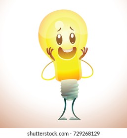 Vector cartoon image of a funny yellow light bulb with face standing and happily smiling on a white background. Idea, light, business. Positive character. Vector illustration.