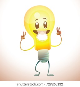 Vector cartoon image of a funny yellow light bulb with face standing, showing Victory signs and smiling on a white background. Idea, light, business. Positive character. Vector illustration.