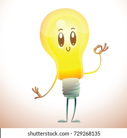 Vector cartoon image of a funny yellow light bulb with face standing, showing OK sign and smiling on a white background. Idea, light, business. Positive character. Vector illustration.