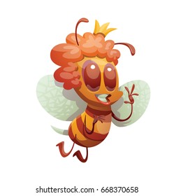 Vector cartoon image of a funny yellow-brown striped female bee with curly red hair and a gold crown on head, waving hand and smiling on a white background. Beehive, insect, honey. Positive character.
