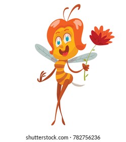 Vector cartoon image of a funny yellow-brown striped female bee standing with a red flower in her hand on a white background. Beehive, honey, honeycomb. Positive character. Vector illustration.