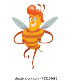 Vector cartoon image of a funny yellow-brown striped male bee with curly red hair flying and smiling on a white background. Beehive, honey, honeycomb. Positive character. Vector illustration.