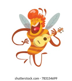 Vector cartoon image of a funny yellow-brown striped male bee with curly red hair singing a song with a guitar in his hands on a white background. Beehive, honey, honeycomb. Positive character. 
