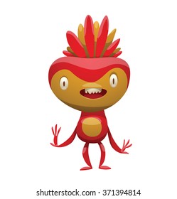 Vector cartoon image of funny yellow-red monster with two eyes and a mouth with teeth, with two arms and two legs, and with forelock on his head on a white background. Halloween. Vector illustration.