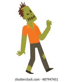 Vector cartoon image of a funny zombie with green skin in torn black pants and orange t-shirt walking somewhere on a white background. Halloween. Vector illustration.