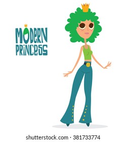 Vector cartoon image of a girl - modern princess with big eyes, curly green hair in blue flared trousers, green tank top and with gold crown on head standing on a white background. Vector illustration