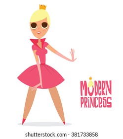Vector cartoon image of a girl - modern princess with big eyes, blonde hair wearing a pink dress and with a gold crown on her head, standing on a white background. Vector illustration.