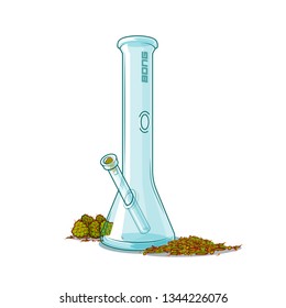 Imagen vectorial de una jarra de vidrio con hojas machacadas de marihuana y cabezas de marihuana por ahí. Imagen aislada. 