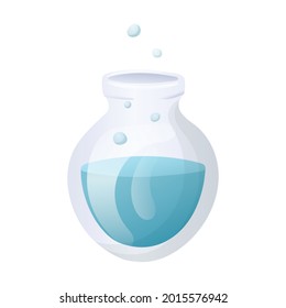 Vector cartoon image of a glass flask for chemical experiments with a liquid or reagent inside. Laboratory glassware for school or university.