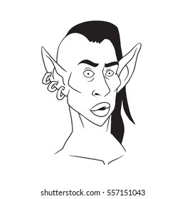 Vector cartoon image of a goblin woman's head with three earrings in her ear on a white background. Line image. Vector illustration.