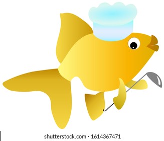 vector cartoon image of a goldfish in a chef's hat and with a ladle