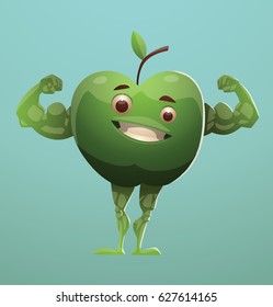 Vector cartoon image of a green apple standing, showing its muscles and smiling on a light blue background. Healthy food, lifestyle, diet. Positive character. Vector illustration.