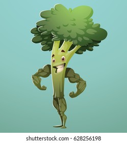 Vector cartoon image of a green broccoli standing, showing its muscles and smiling on a light blue background. Healthy food, lifestyle, diet. Positive character. Vector illustration.