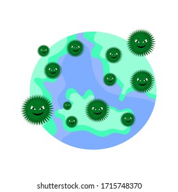vector of cartoon image green corona virus covid-19 spread on green land area on round shaped world map on white background, pandemic outbreak of virus around the world