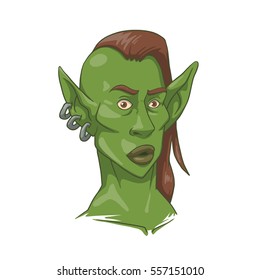 Vector cartoon image of a green goblin woman's head with brown hair and with gray three earrings in her ear on a white background. Color image. Vector illustration.