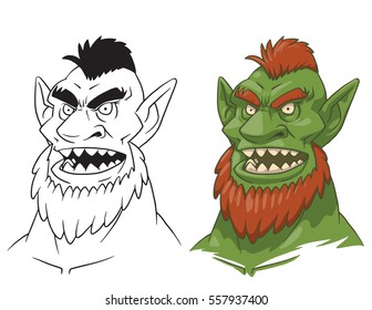 Vector cartoon image of a green goblin man's head with ginger hair, beard and sharp teeth and line image of a goblin man's head on a white background. Color and line image. Vector illustration. 