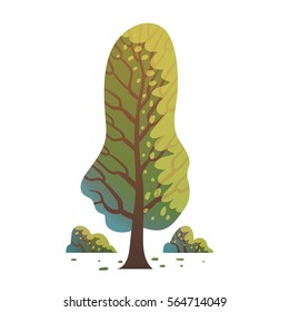 Vector cartoon image of a green tree with brown trunk and branches, with small green bushes below on a white background. Nature, forest. Vector illustration.